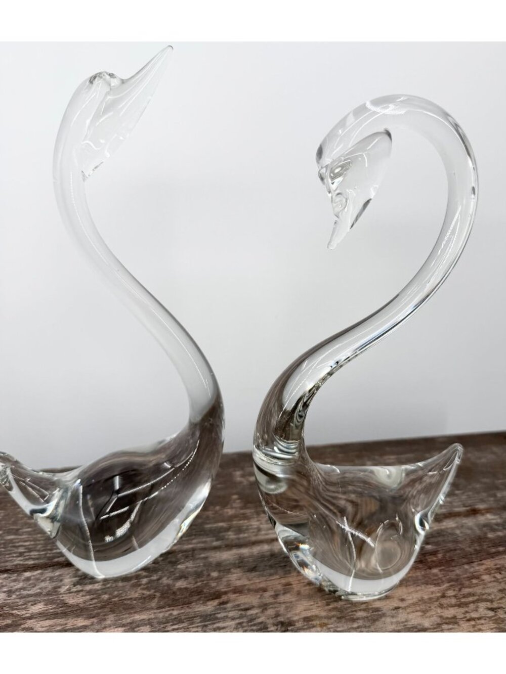 Vintage MCM Hand Blown Glass Pair of Swans Clear Set of 2 Hollywood Regency